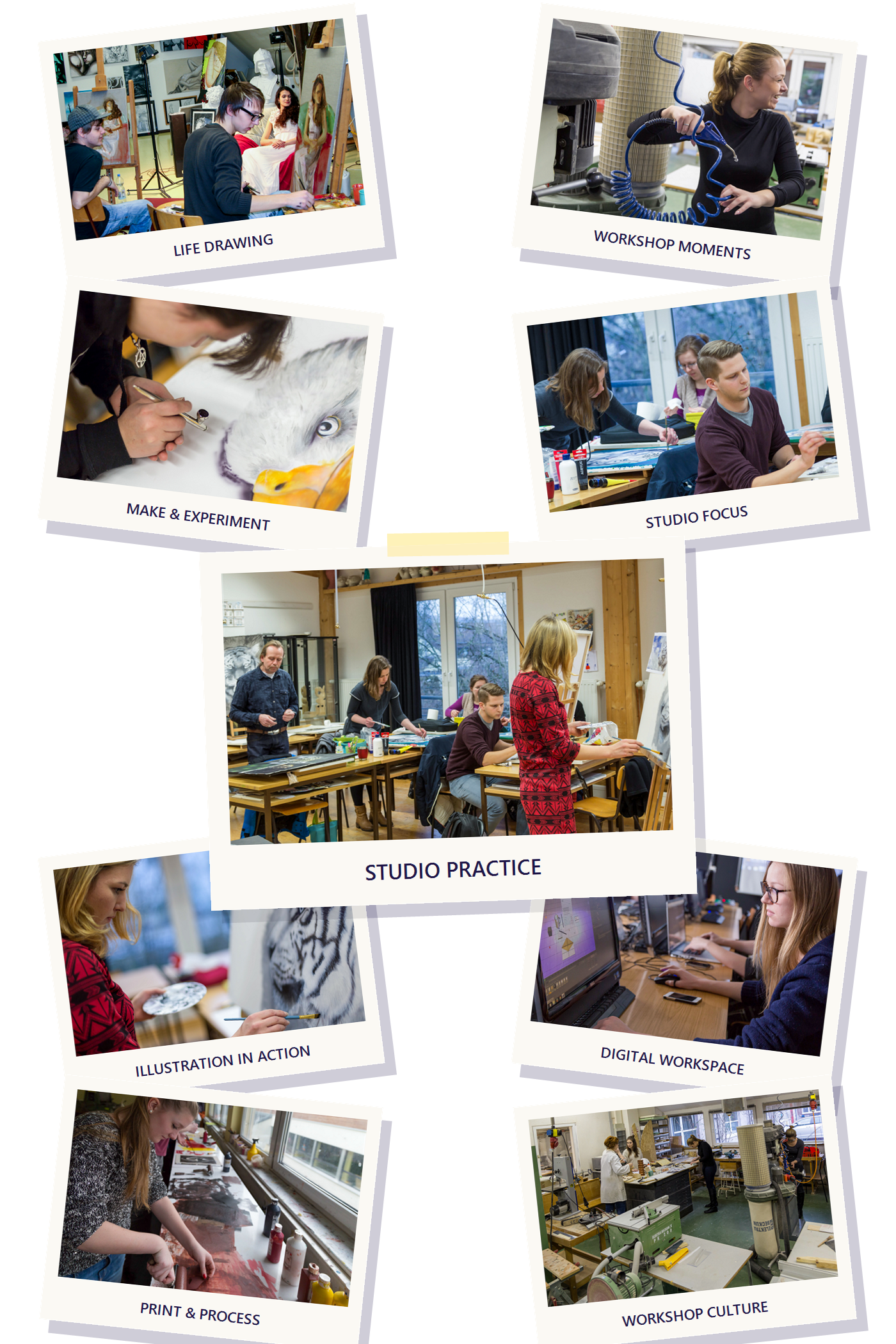 Collage mit Studierenden in Studios, Werkstätten und digitalen Arbeitsbereichen des RSIAD